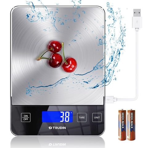 TRUDIN front view of digital scale showing display and platform, precise readings benefit