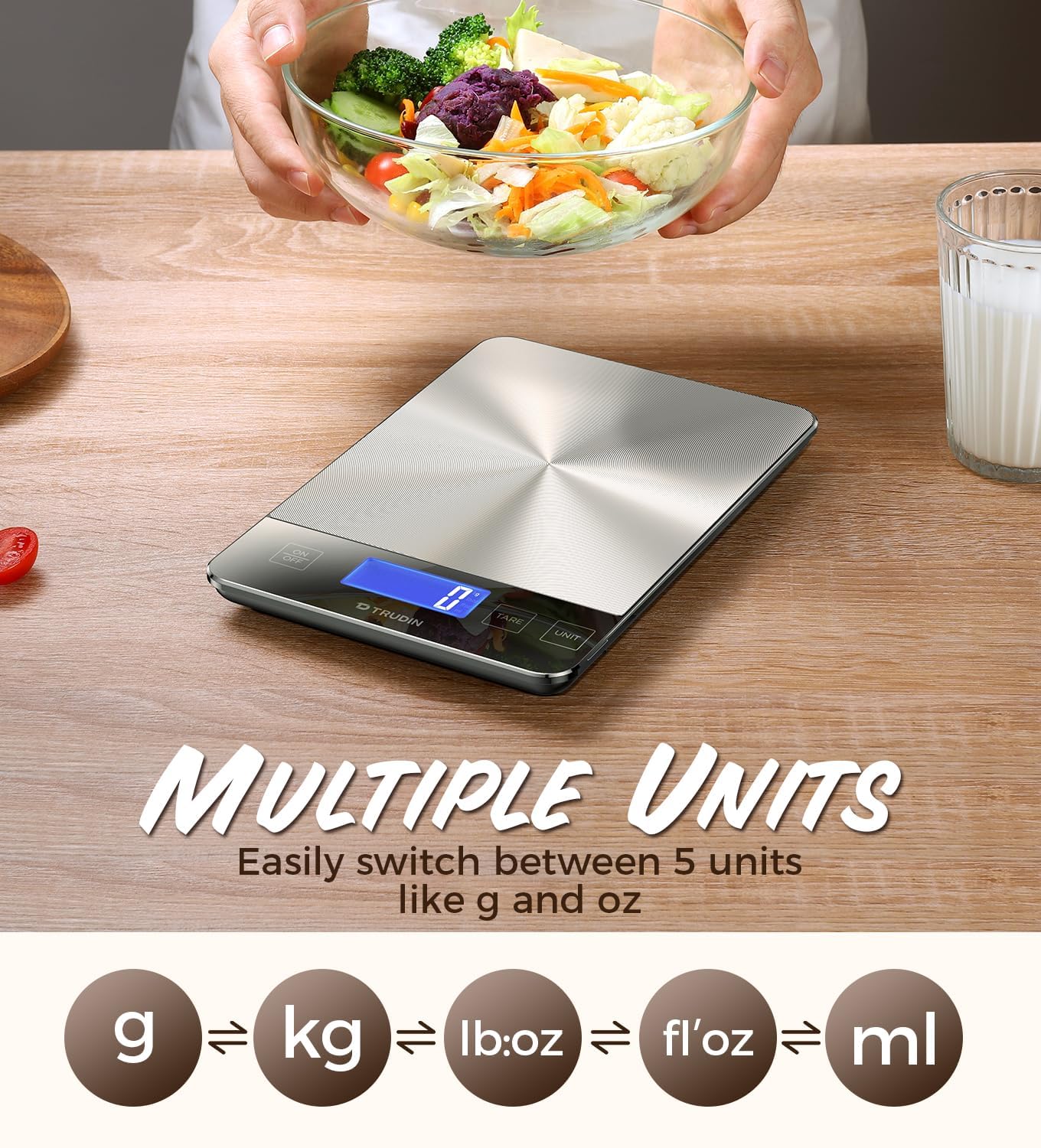 TRUDIN scale in use weighing flour for baking, demonstrating accuracy and recipe consistency