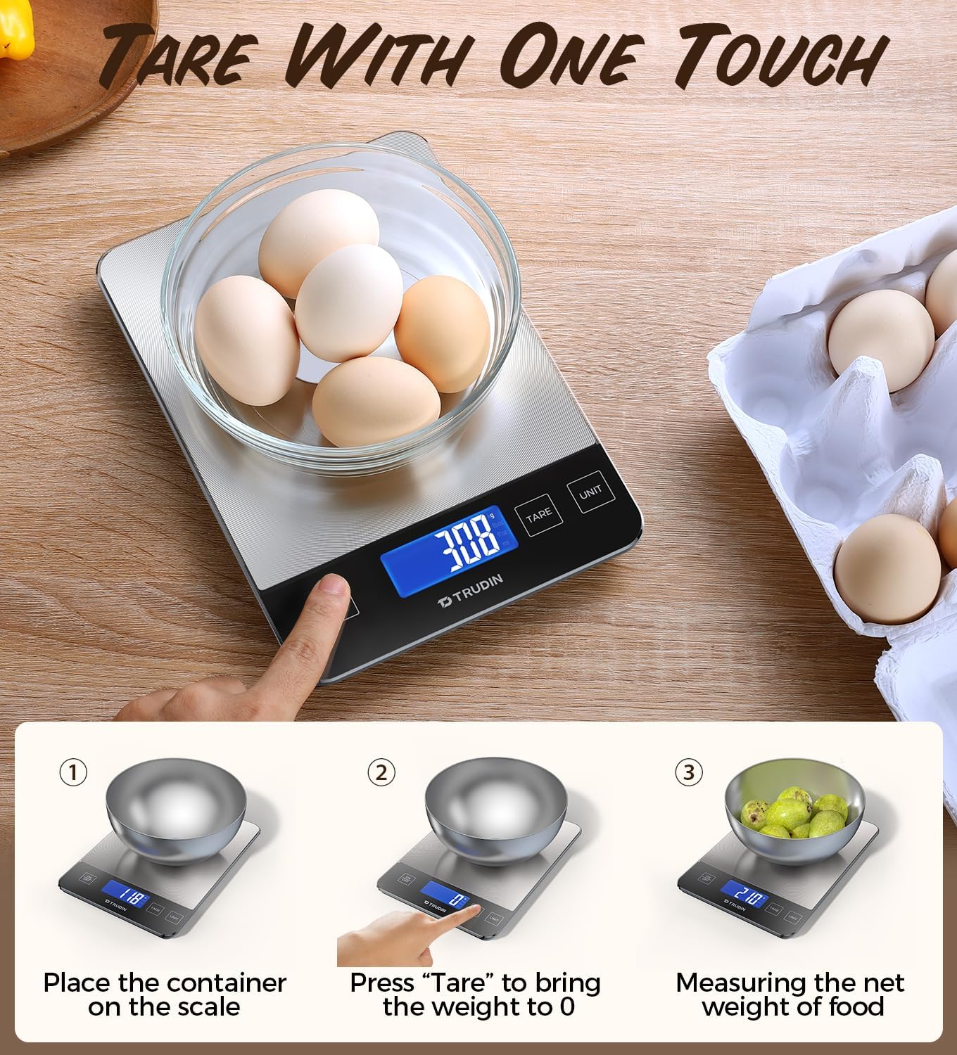 TRUDIN scale next to an apple for scale and capacity visual, shows 33lb high-capacity benefit