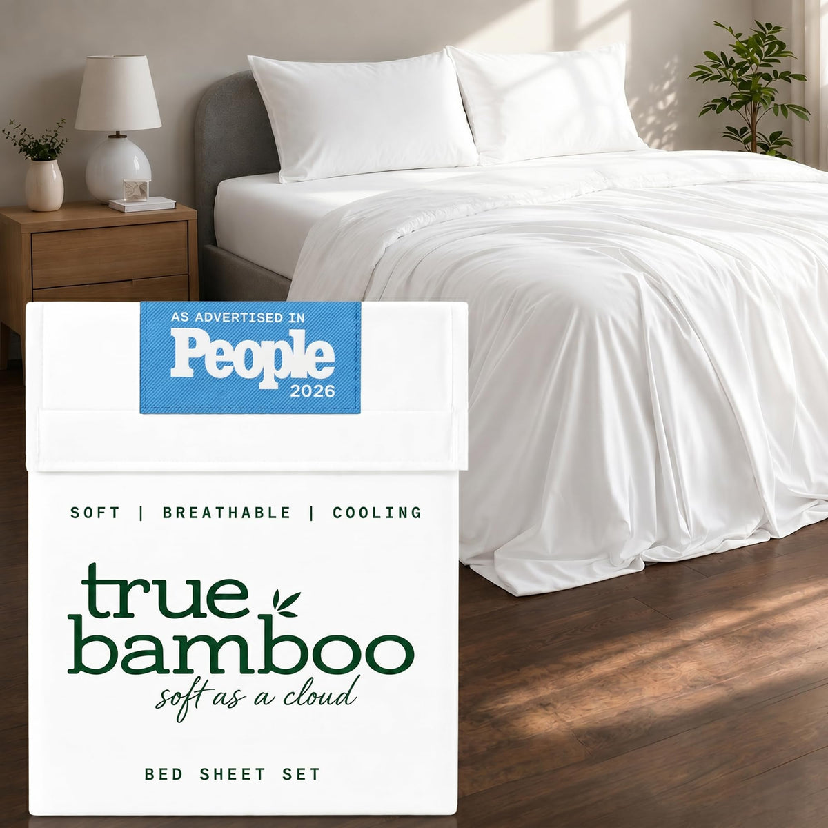 TRUE BAMBOO front view of packaged queen sheet set showing complete contents and appeal