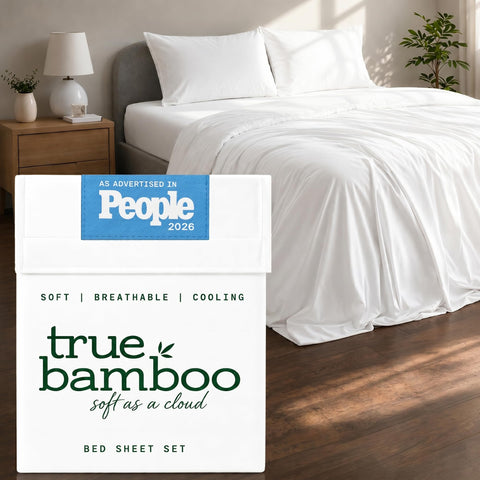 TRUE BAMBOO front view of packaged queen sheet set showing complete contents and appeal