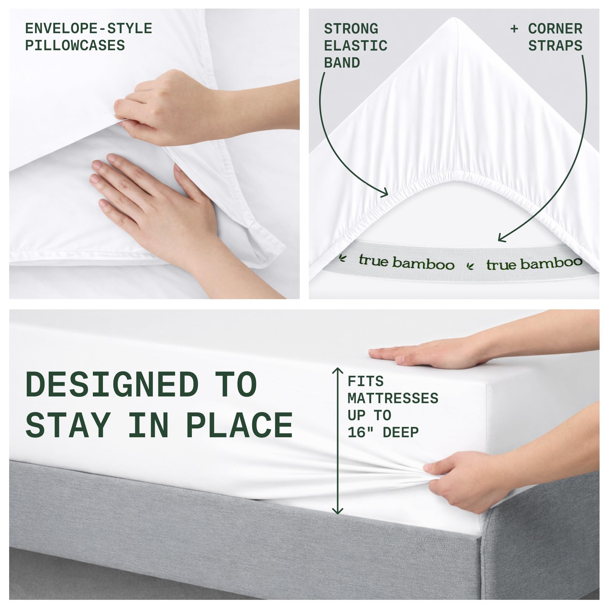 TRUE BAMBOO envelope-style pillowcase on pillow illustrating tidy, no-slip finish