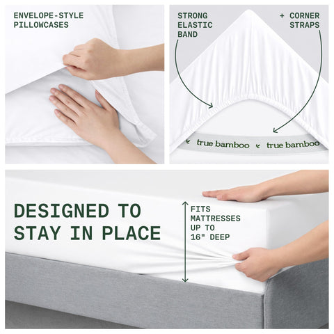 TRUE BAMBOO envelope-style pillowcase on pillow illustrating tidy, no-slip finish