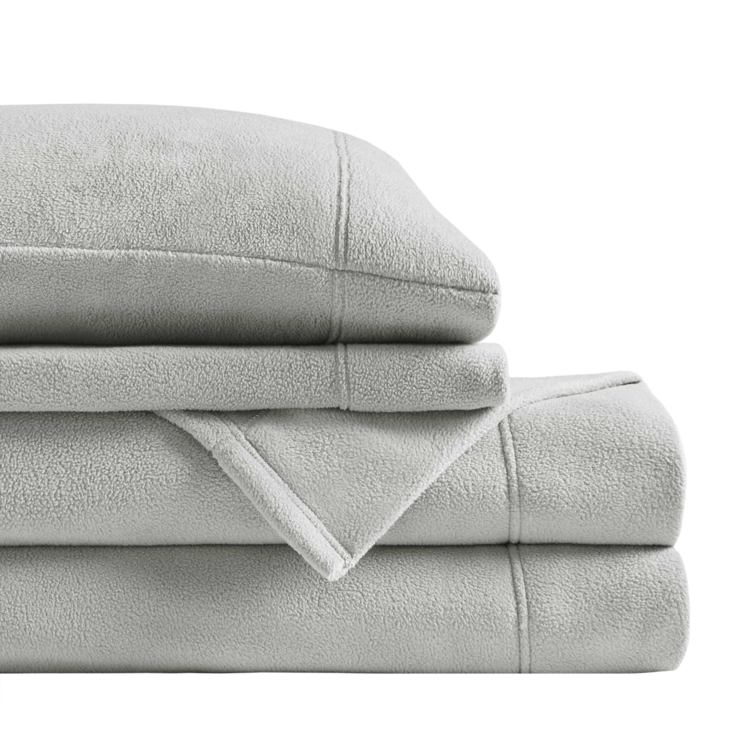 True North front view of full grey micro fleece sheet set showing neat fit and comfort