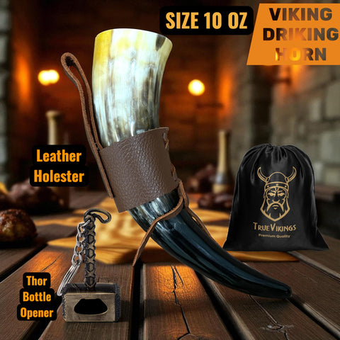 True Viking horn worn in leather belt holder showing hands-free carry convenience