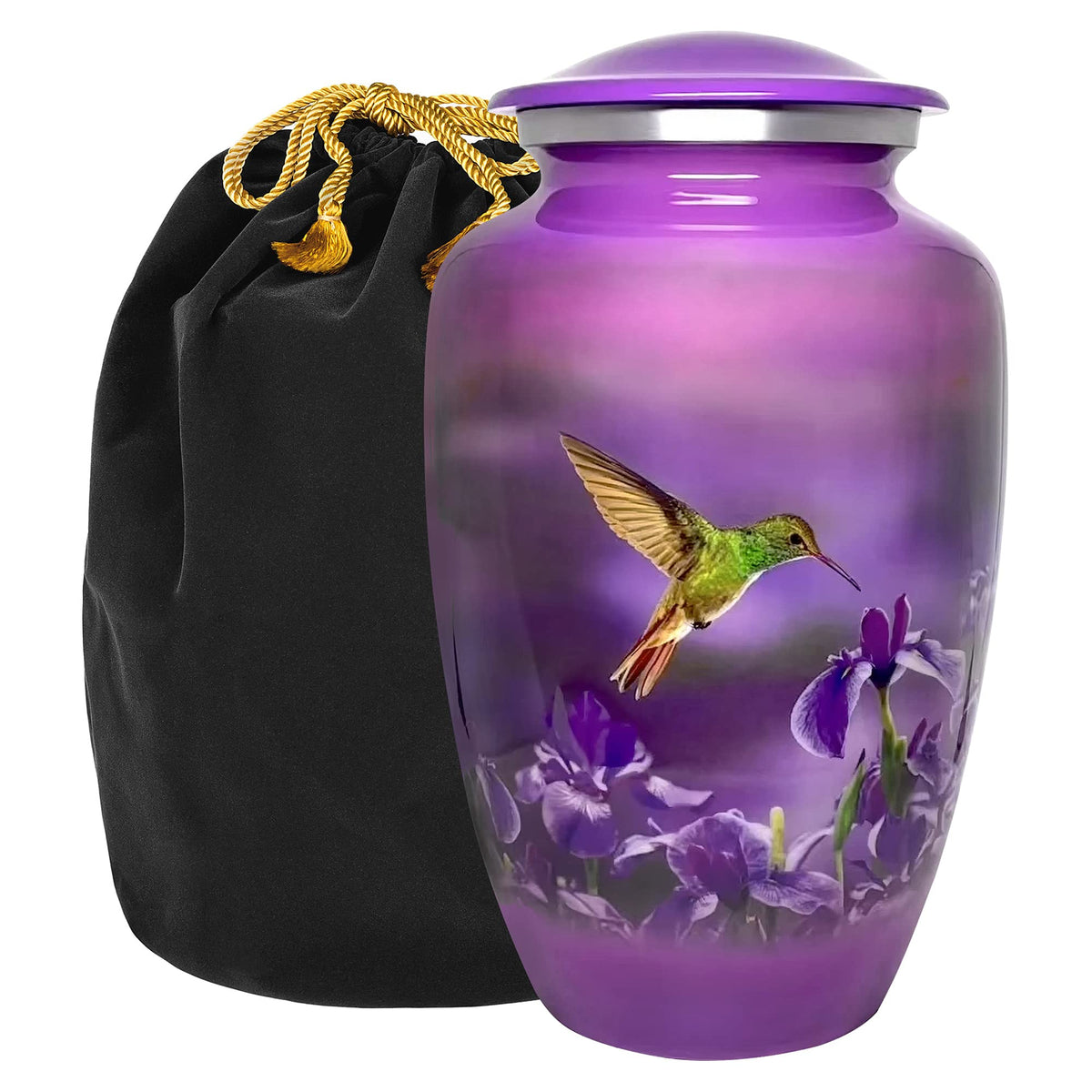 Trupoint Memorials front view of purple hummingbird urn showing elegant shape and finish