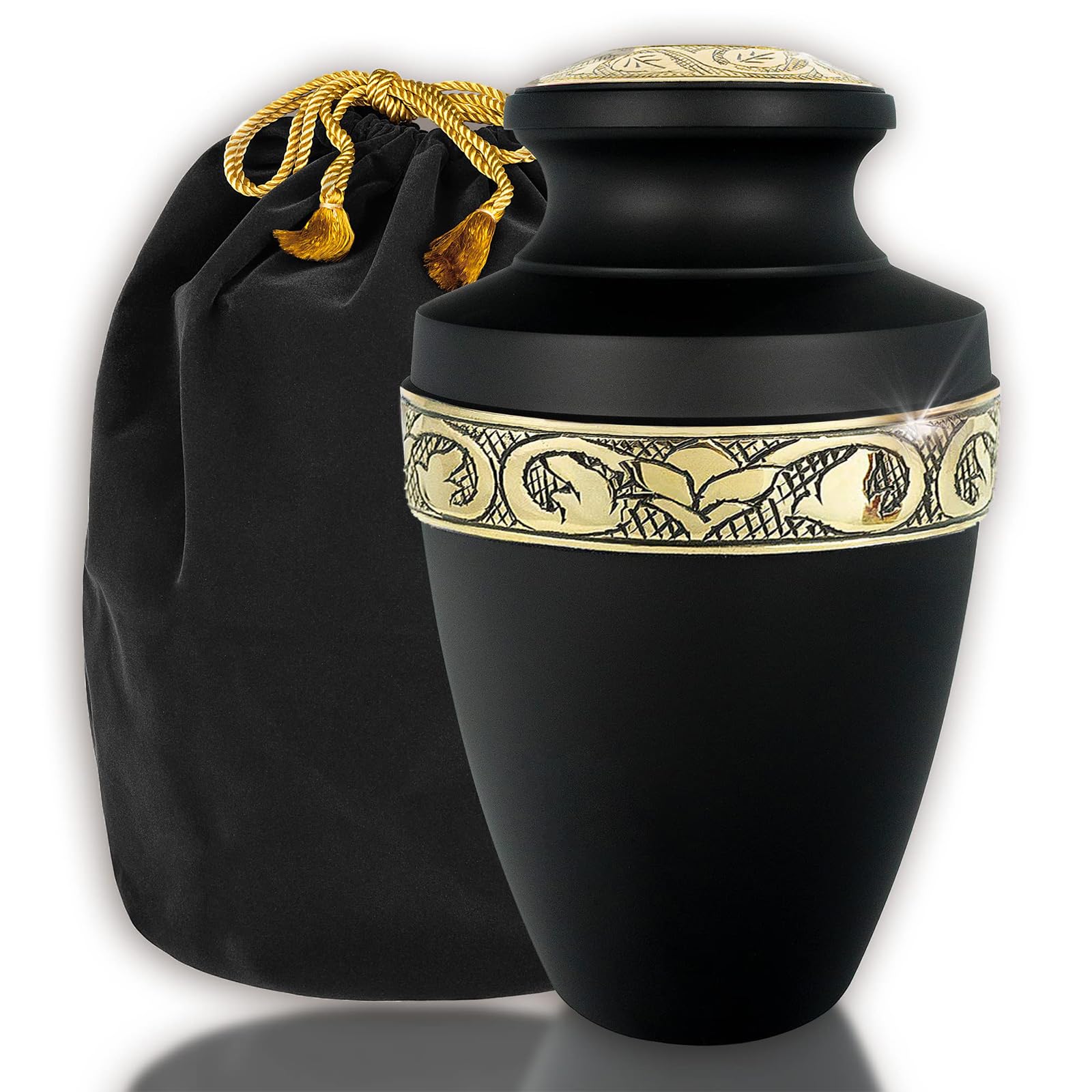 Trupoint Memorials front view black and gold urn, elegant memorial display