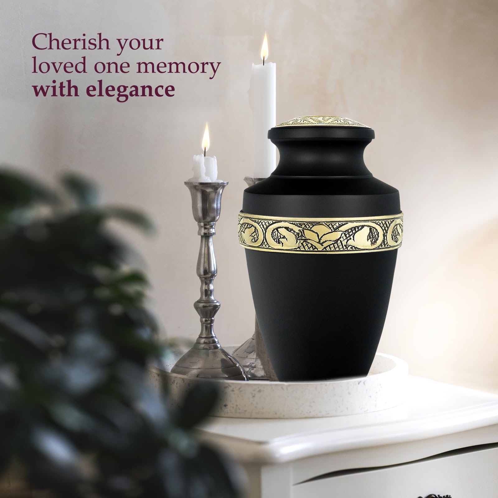 Trupoint Memorials urn on mantel in home setting, respectful tasteful remembrance