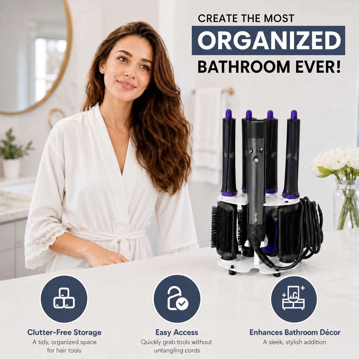 Truvalent organizer holding nine Airwrap and FlexStyle attachments for tidy styling
