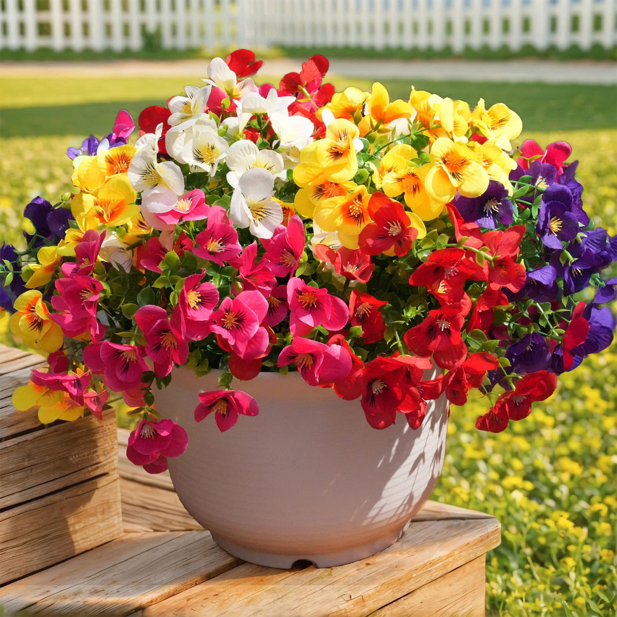 trytuny front view bouquet showing vibrant pansies and easy display benefit