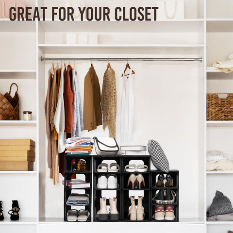 TRZZ in-use in entryway holding shoes showing tidy home organization benefit
