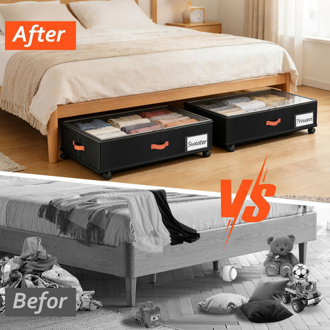 Tsinglax bin sliding out from under bed to show ease of access and space saving