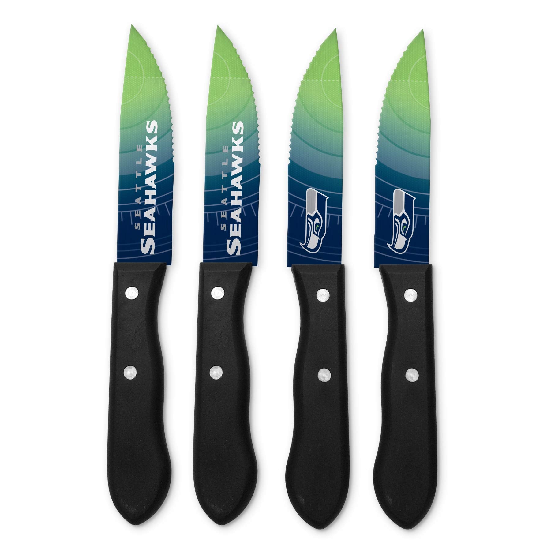 TSV Seattle Seahawks steak knives front view showing team artwork and set of four — fan-ready serving