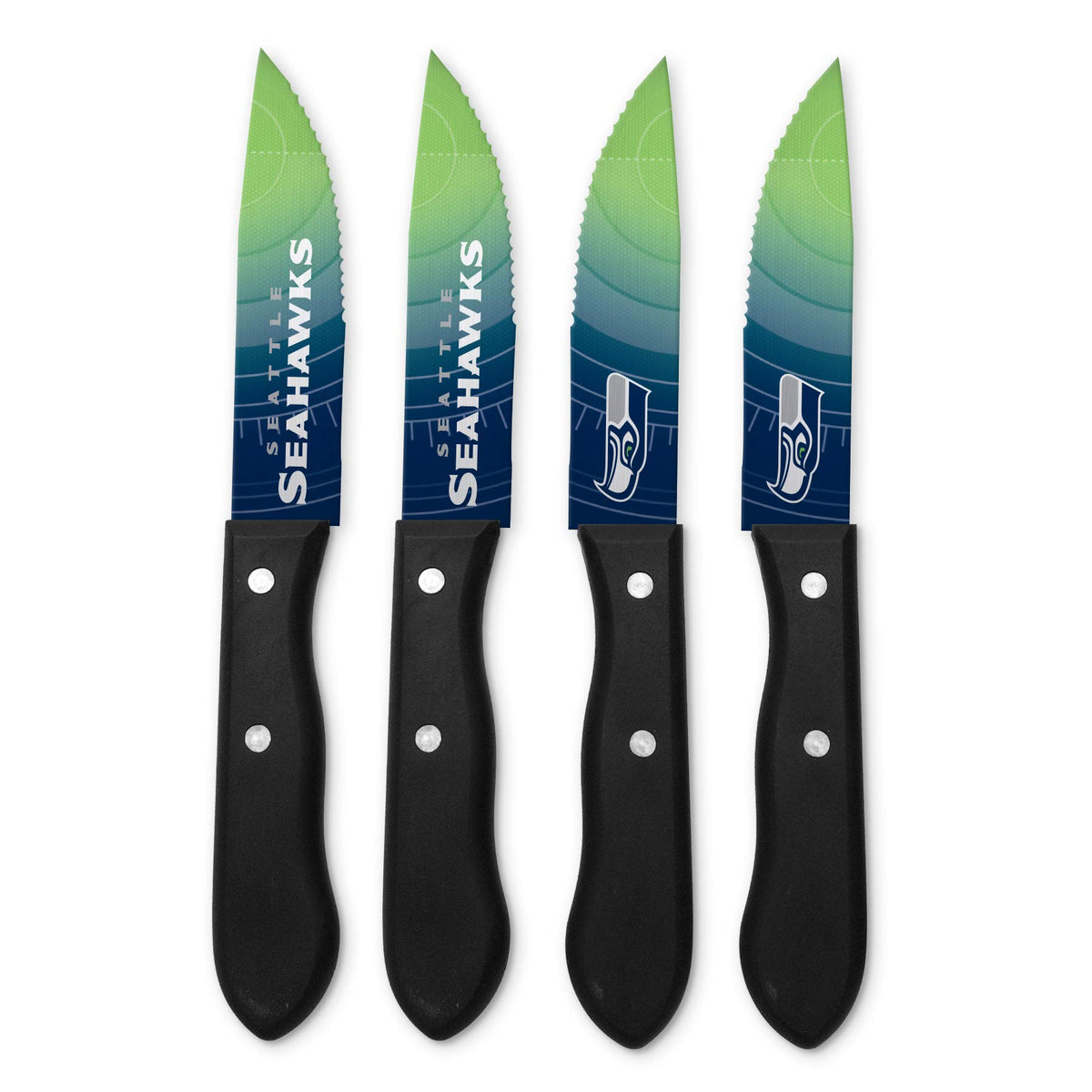 TSV Seattle Seahawks steak knives front view showing team artwork and set of four — fan-ready serving