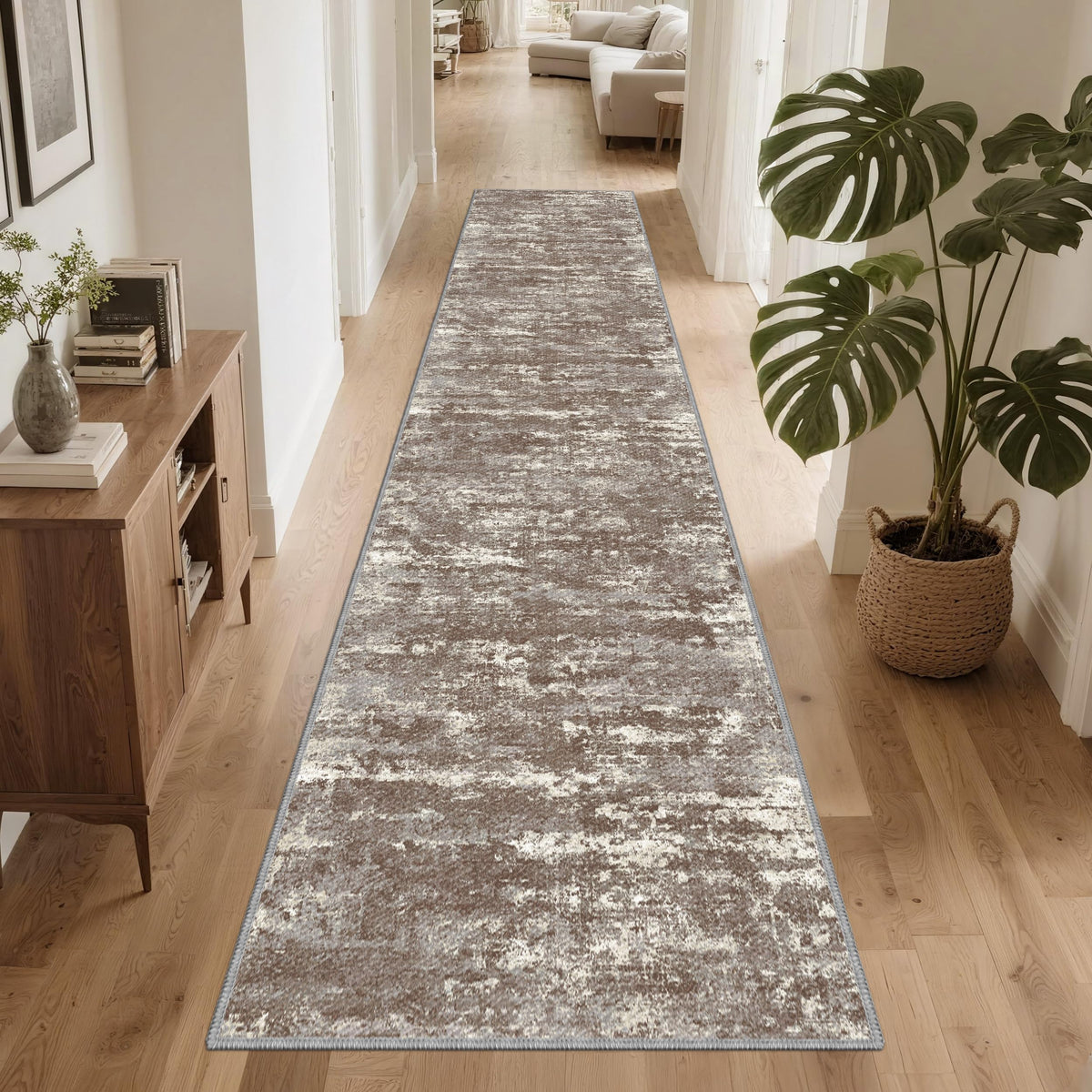TTelephant front view of 2x10 runner showing abstract brown design and full length benefit