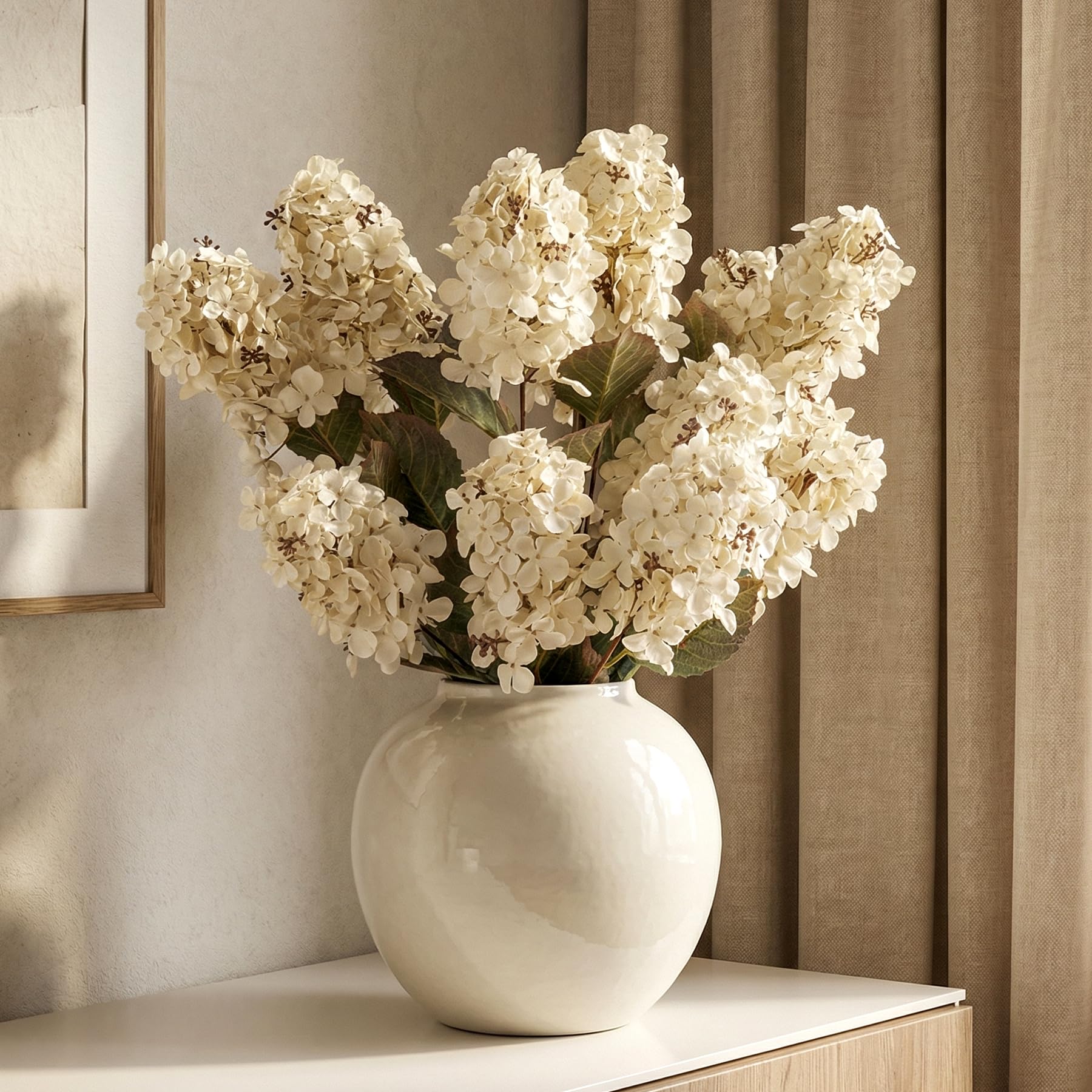 Ttranewsoo front view of eight cream-white hydrangea stems, adding effortless seasonal decor