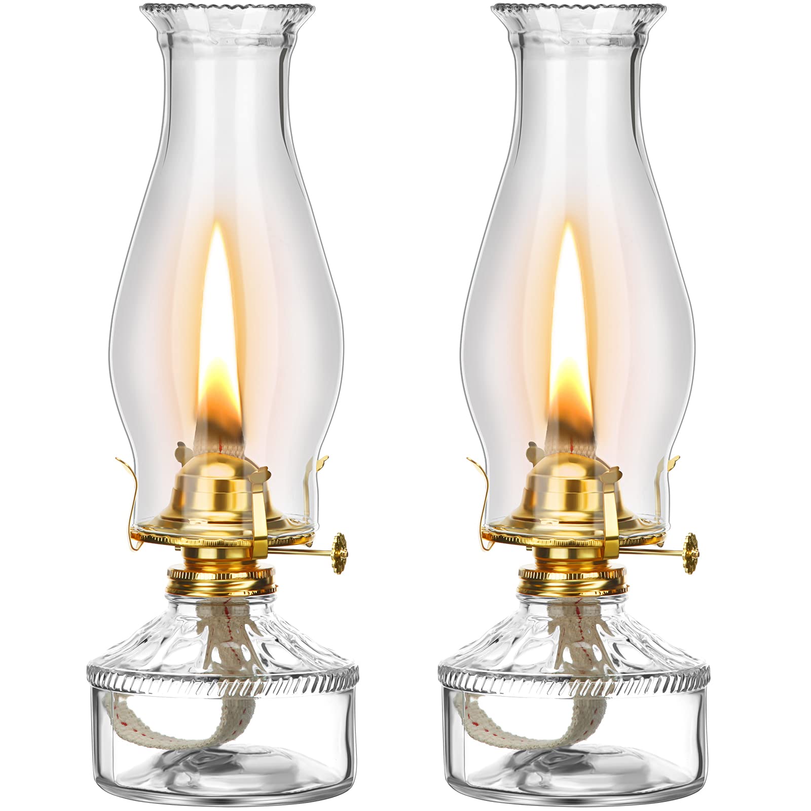 Tuanse front view of two clear glass hurricane lamps showing vintage styling and reliable lighting