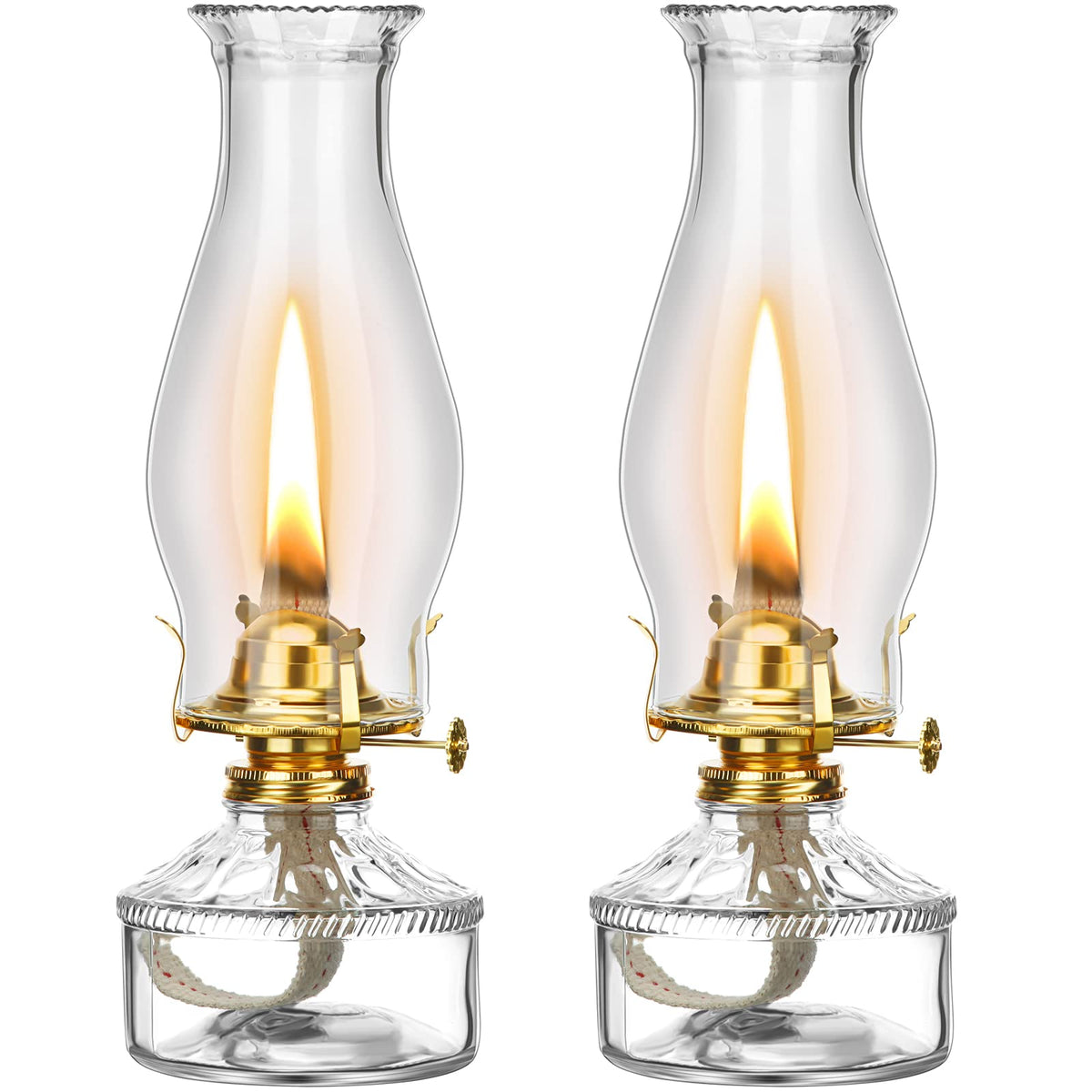Tuanse front view of two clear glass hurricane lamps showing vintage styling and reliable lighting