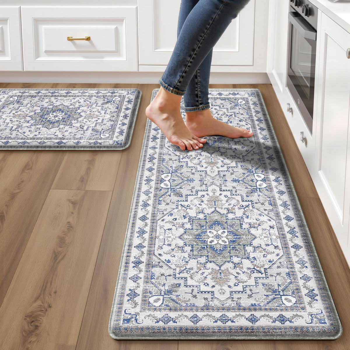 tubeamin front view of blue-grey boho kitchen mat set shows pattern and edges for style