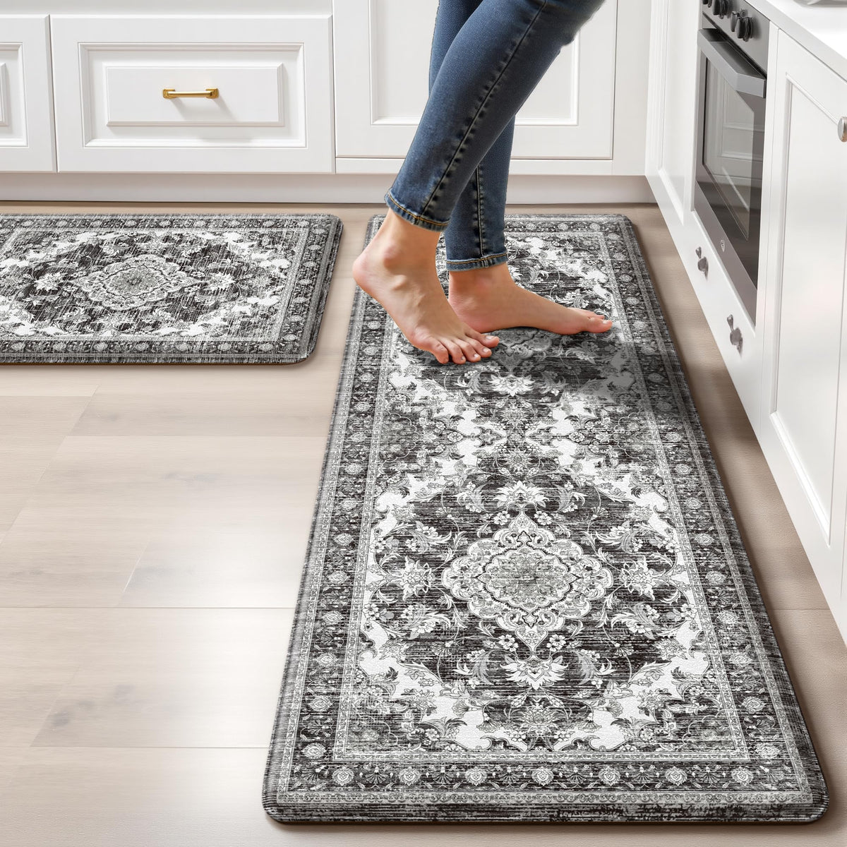 tubeamin front view of boho kitchen mat showing design and durable finish