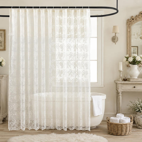 TUDECO styled bathroom wide shot showing curtain brightening the space