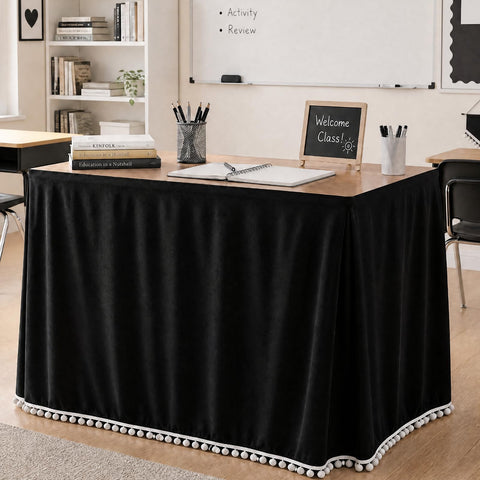 Tudomro front view of 6ft table skirt hides clutter and improves classroom appearance