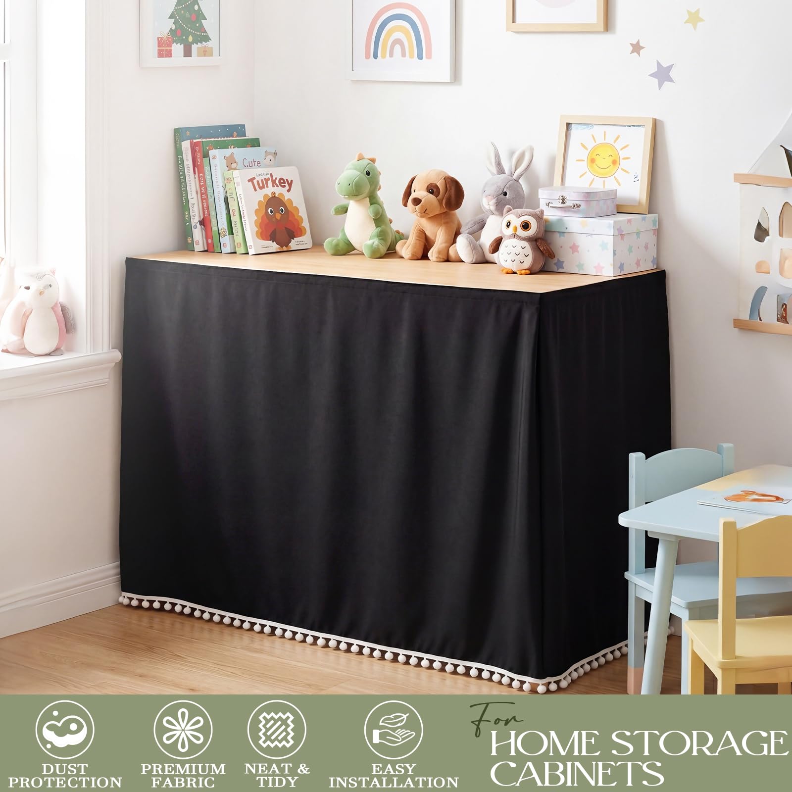 Tudomro skirt shown with chair for scale highlights 72 by 30 inch fit