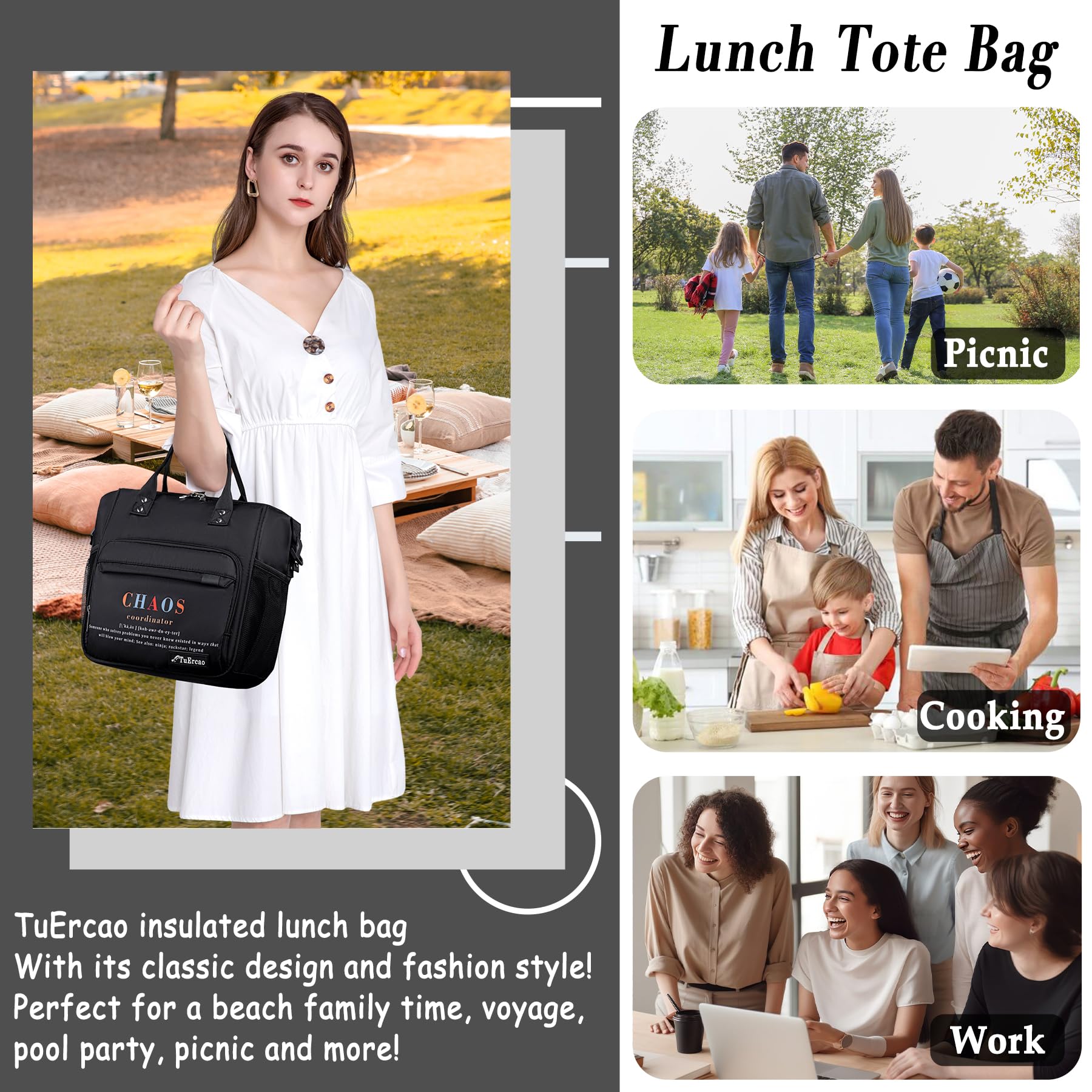 TuErCao lunch bag next to a water bottle for clear size and capacity reference