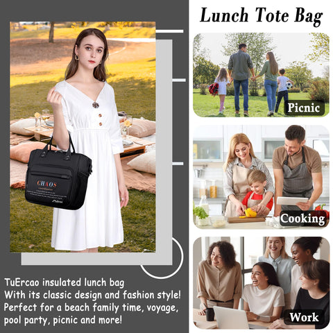 TuErCao lunch bag next to a water bottle for clear size and capacity reference