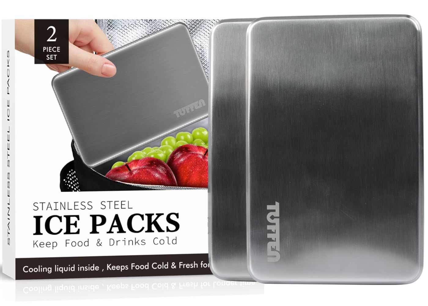 Tuffen front packaging showing two stainless steel ice packs and labels for durable cooling