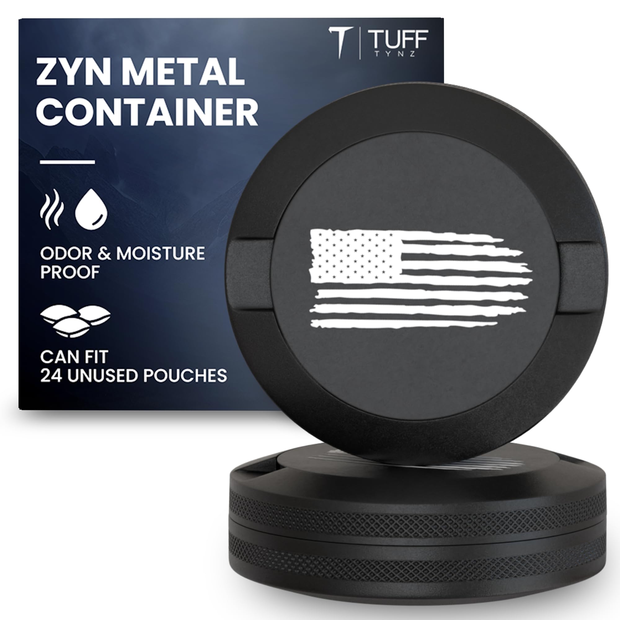 TuffTynz front view showing compact aluminum pouch and clear branding for discreet storage