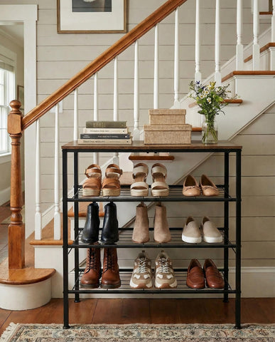 Tujurich in entryway styled with bags and plants adding organization