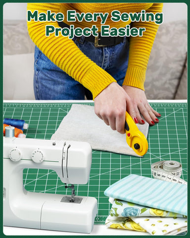 Tujurich mat with rotary cutter in use protecting tabletop and fabric
