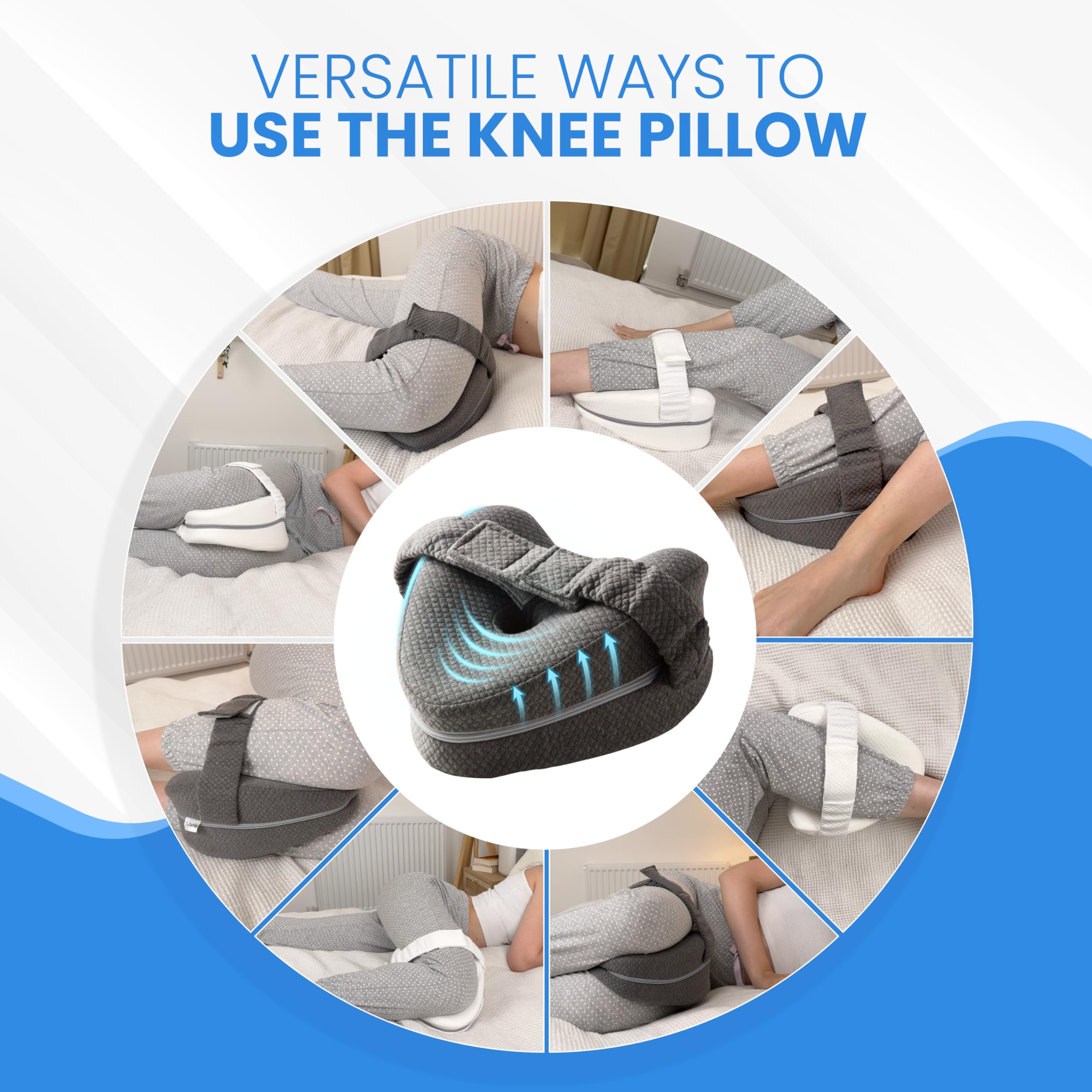 TULARIS pillow between knees demonstrating improved spine alignment
