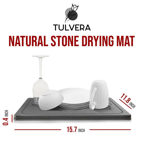 Tulvera mat in use holding plates and cups demonstrating quick-dry convenience