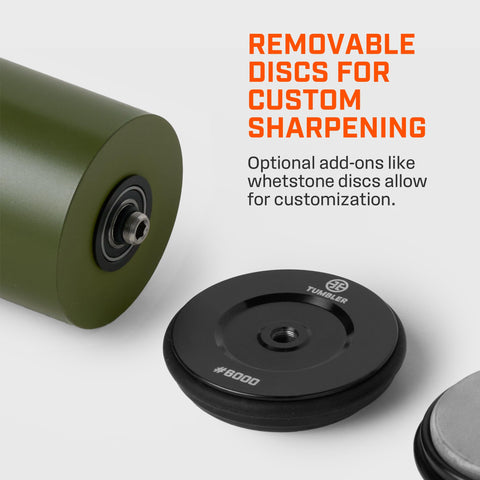 TUMBLER removable discs pictured to show quick tool-free swaps