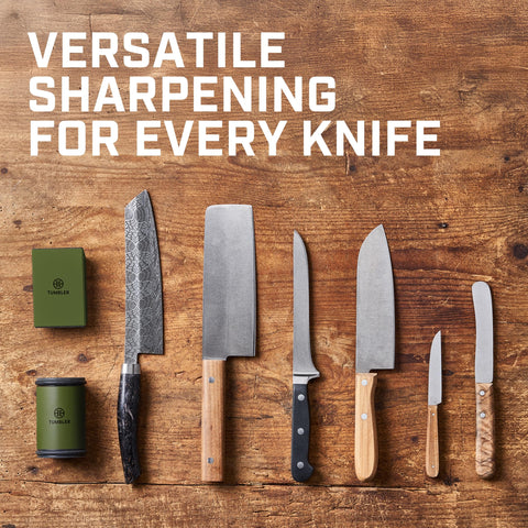 TUMBLER in use on kitchen knife demonstrating consistent sharpening guidance