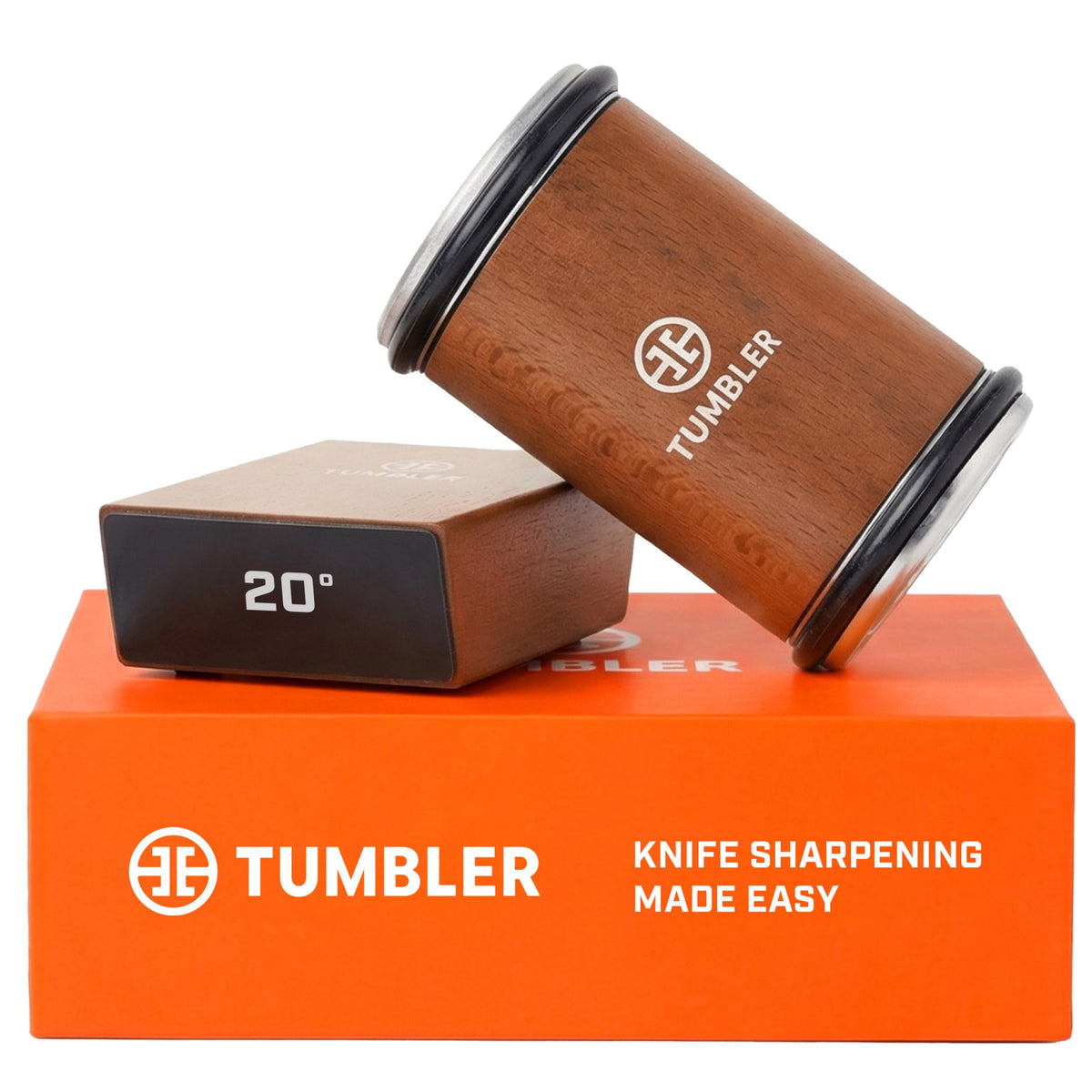 TUMBLER front view showing wooden handle and compact sharpener design, precise control