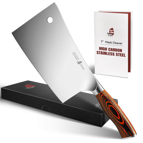 TUO cleaver front packaging showing product and gift box, highlights premium presentation