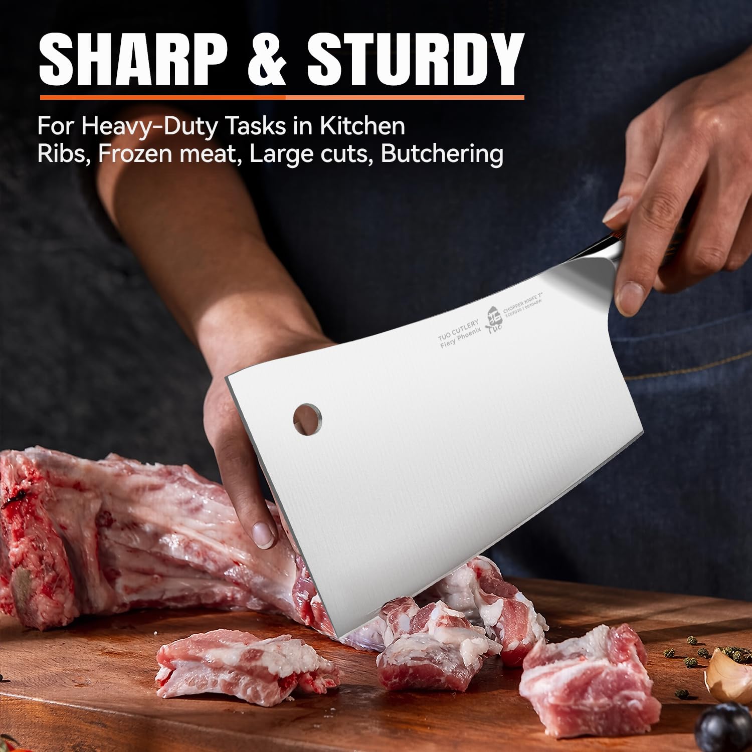 TUO cleaver cutting through bone in use demonstrating durable chopping performance