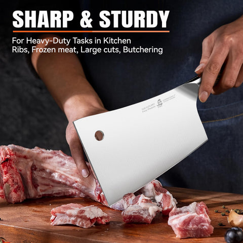 TUO cleaver cutting through bone in use demonstrating durable chopping performance