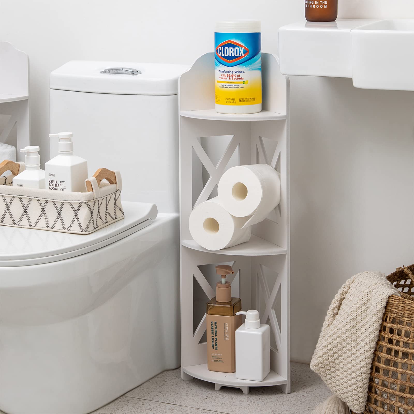 Tuoxinem front view of white corner shelf showing compact footprint and storage benefit