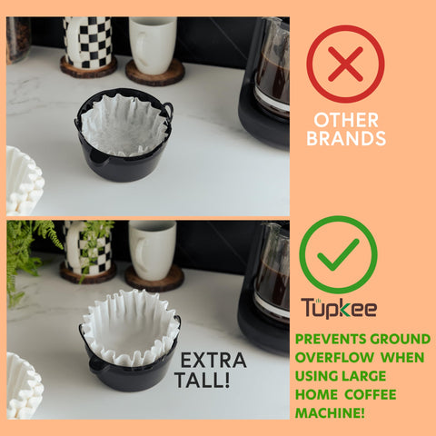 Tupkee filter placed inside commercial brewer preventing grounds in coffee