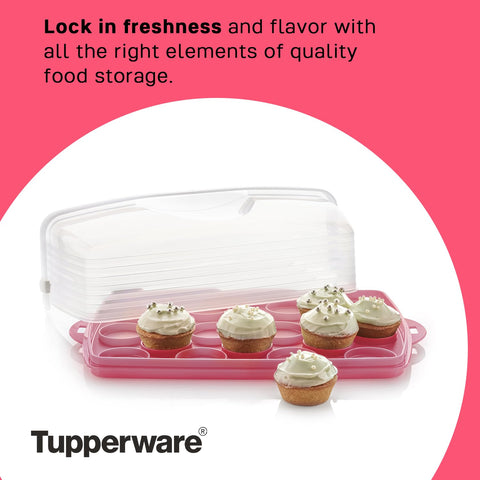 Tupperware with 18 cupcakes inside showing protection and organized transport