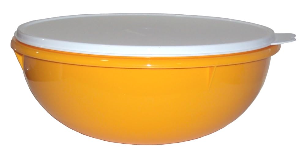 Tupperware Fix N Mix Bowl front view in harvest yellow showing size and sealed lid for easy transport