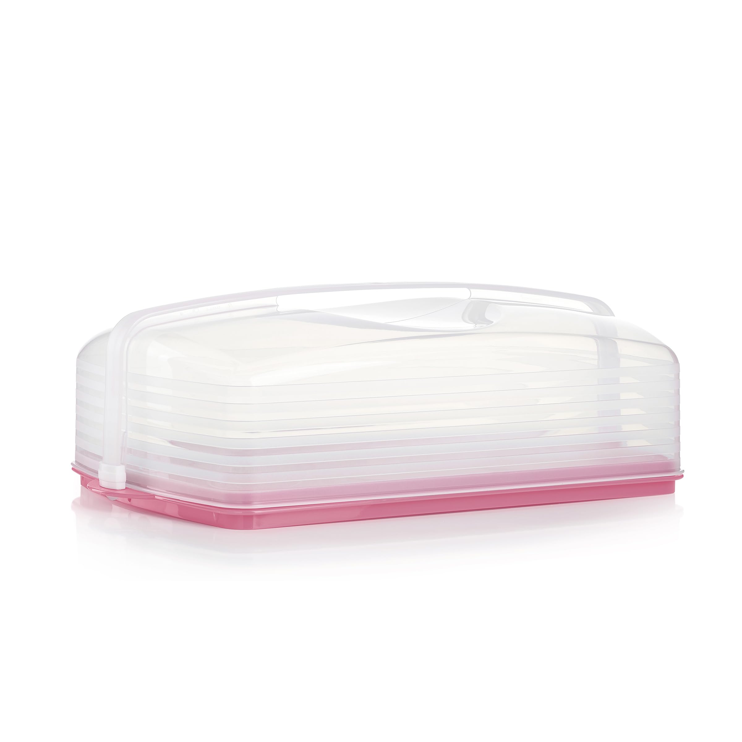 Tupperware front view pink carrier showing secure lid and slim profile benefit