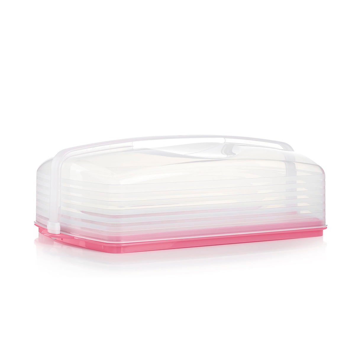 Tupperware front view pink carrier showing secure lid and slim profile benefit