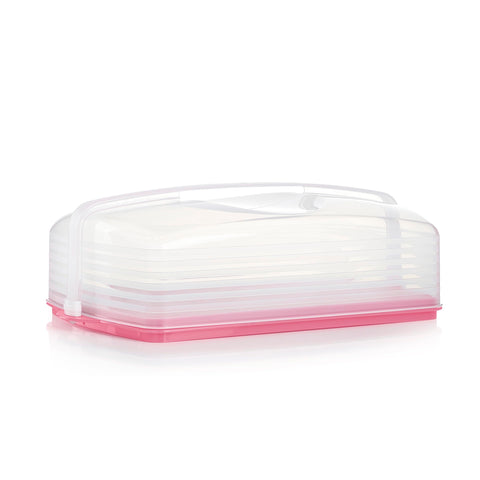 Tupperware front view pink carrier showing secure lid and slim profile benefit