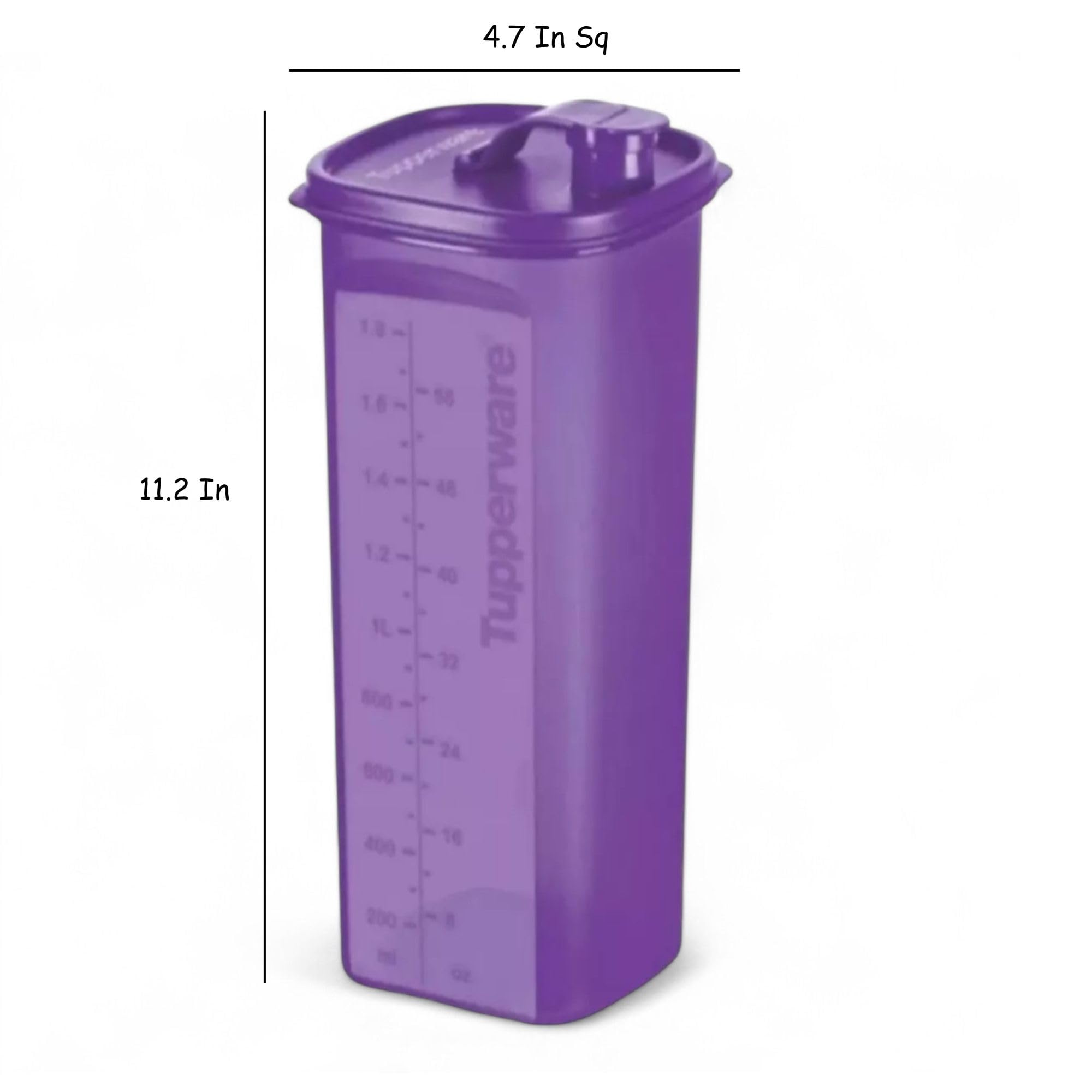 Tupperware grape purple next to drinking glass for scale, compact storage benefit