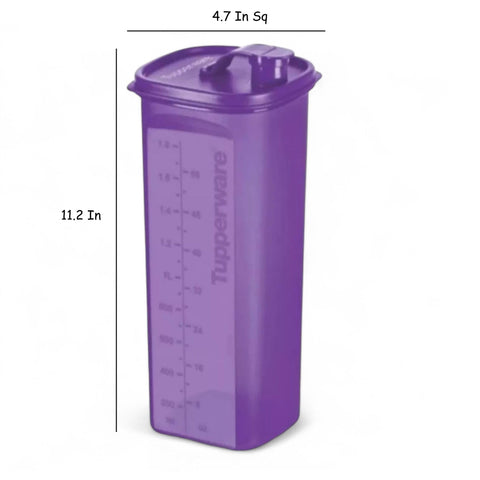 Tupperware grape purple next to drinking glass for scale, compact storage benefit
